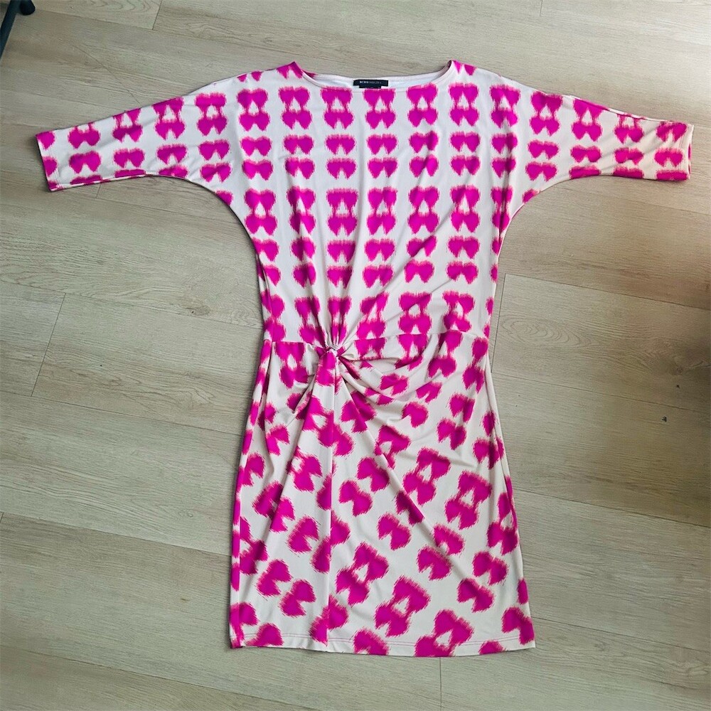 BCBGMAXAZRIA Dress Womens Size M Pink White Abstract Knot Front Shift - Picture 9 of 10